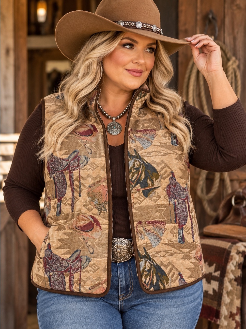 Natural Reflections XL Western Horse Saddle Tapestry Zip Vest Cowgirl Ranch